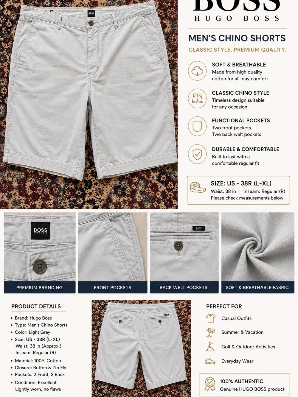 Hugo Boss Light Gray Men’s Flat Front Chino Shorts
